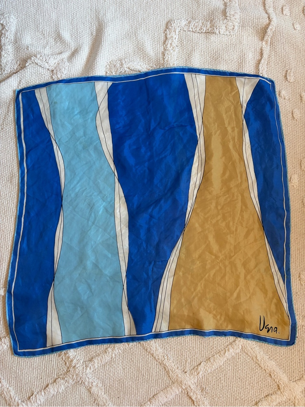 Blue Tan Vintage Vera Neumann Square Silk Scarf 22” Abstract Wavy